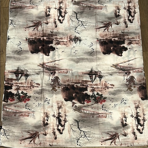 100% Silk Scarf Shaw Wrap Toile Gray Brown, Pink Floral, Boats, Tree - Picture 9 of 11